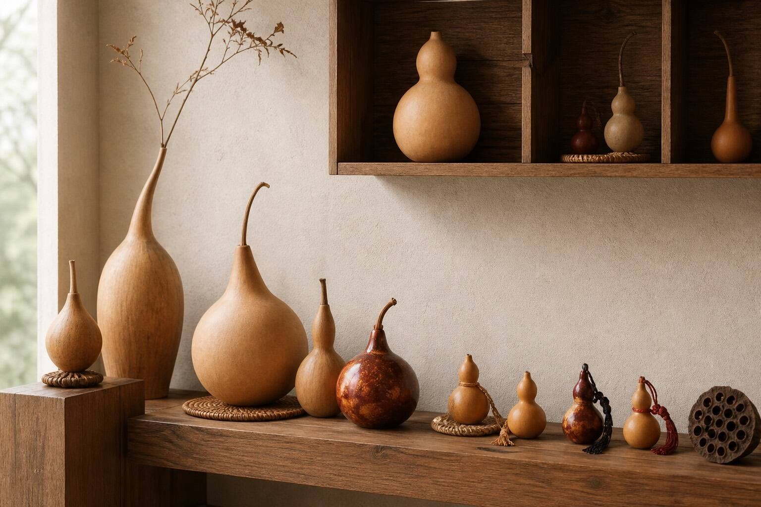 Handcrafted gourd décor on oak shelving