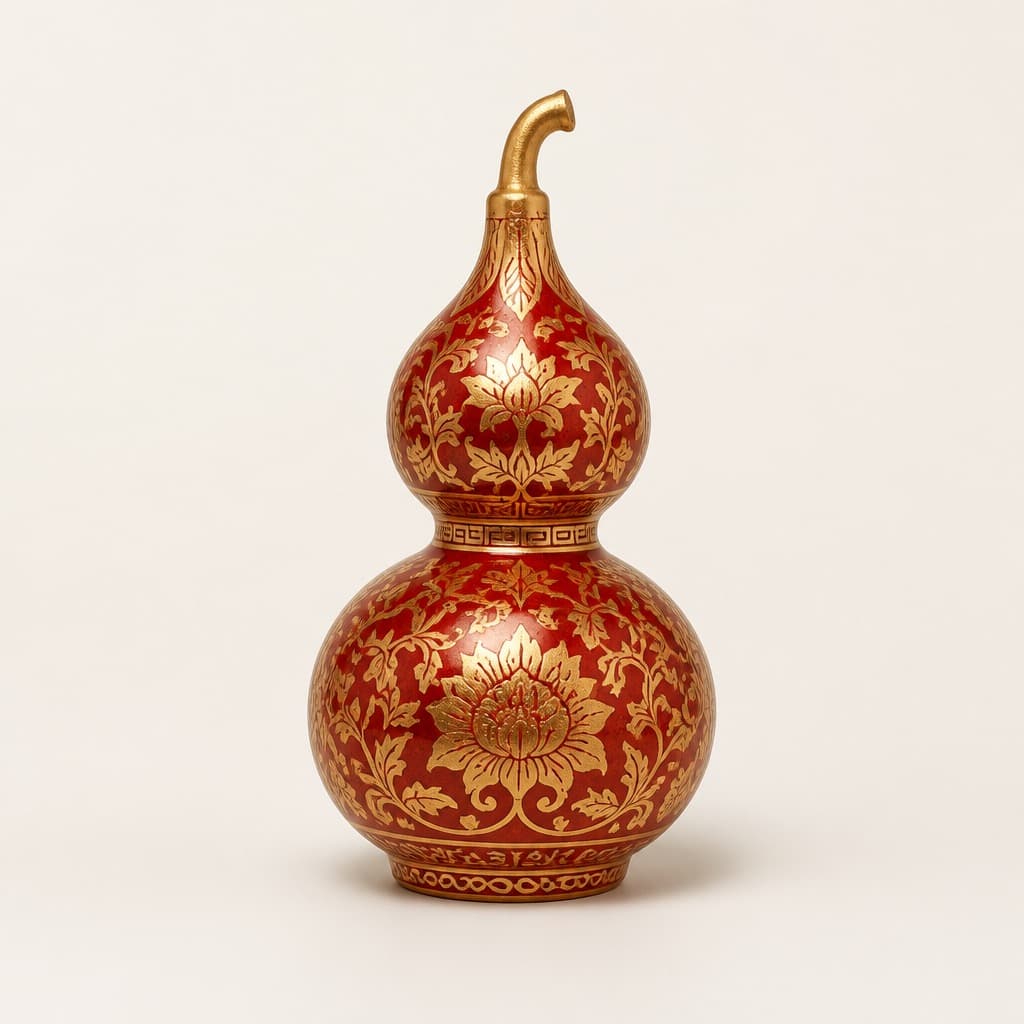 Lacquered Gourd Vessel — Red & Gold